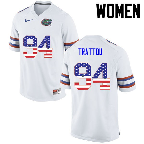 Florida Gators Women #94 Justin Trattou College Football Jersey USA Flag Fashion White
